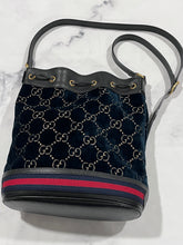 Load image into Gallery viewer, Gucci Teal GG Velvet Drawstring Hobo Crossbody Bag