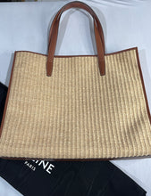 Load image into Gallery viewer, Celine Leather-Trimmed Raffia Large Logo Tote