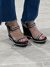 Load image into Gallery viewer, Christian Louboutin Black Pyrastrass Wedge Sandal