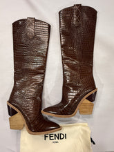 Load image into Gallery viewer, Fendi Brown Croc Embossed Leather Pull Up Western Boots