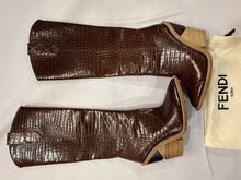 Load image into Gallery viewer, Fendi Brown Croc Embossed Leather Pull Up Western Boots