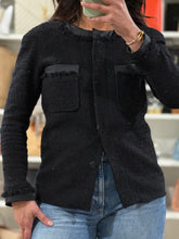 Load image into Gallery viewer, Chanel Uniform 16A Black Tweed Satin Trim Blazer