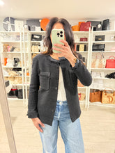Load image into Gallery viewer, Chanel Uniform 16A Black Tweed Satin Trim Blazer