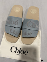 Load image into Gallery viewer, Chloe Blue Woody Canvas Slide Sandals