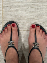Load image into Gallery viewer, Chanel Black CC Crystal Thong Sandals