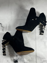 Load image into Gallery viewer, Salvatore Ferragamo Black Suede Lilly Snake Embossed Booties
