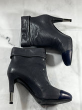 Load image into Gallery viewer, Chanel 13B Gray Leather Navy Captoe Ankle Bootie