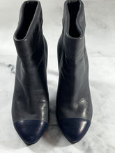 Load image into Gallery viewer, Chanel 13B Gray Leather Navy Captoe Ankle Bootie