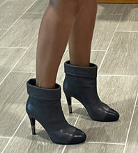 Load image into Gallery viewer, Chanel 13B Gray Leather Navy Captoe Ankle Bootie