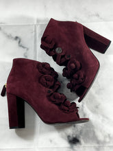 Load image into Gallery viewer, Chanel 17A Burgundy Suede Camellia Peeptoe Booties