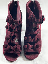 Load image into Gallery viewer, Chanel 17A Burgundy Suede Camellia Peeptoe Booties