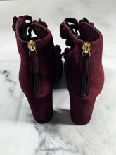 Load image into Gallery viewer, Chanel 17A Burgundy Suede Camellia Peeptoe Booties