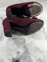 Load image into Gallery viewer, Chanel 17A Burgundy Suede Camellia Peeptoe Booties