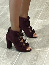 Load image into Gallery viewer, Chanel 17A Burgundy Suede Camellia Peeptoe Booties