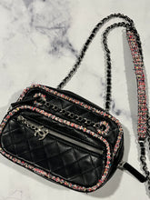Load image into Gallery viewer, Chanel Black Leather Tweed Trim Crossbody Bag