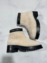 Load image into Gallery viewer, Chanel 22B White Shearling Black Leather Short Moto Boots
