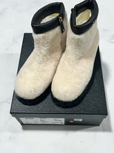 Load image into Gallery viewer, Chanel 22B White Shearling Black Leather Short Moto Boots