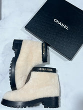 Load image into Gallery viewer, Chanel 22B White Shearling Black Leather Short Moto Boots