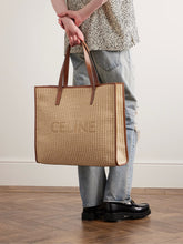 Load image into Gallery viewer, Celine Leather-Trimmed Raffia Large Logo Tote