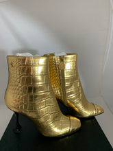 Load image into Gallery viewer, Chanel croc embossed gold leather metallic boots