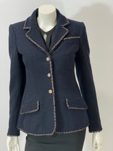 Load image into Gallery viewer, Chanel navy tweed blazer with gold/bronze trim blazer