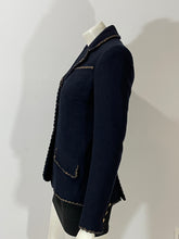 Load image into Gallery viewer, Chanel navy tweed blazer with gold/bronze trim blazer