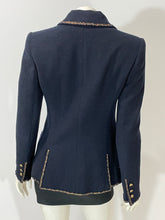 Load image into Gallery viewer, Chanel navy tweed blazer with gold/bronze trim blazer