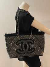 Load image into Gallery viewer, Chanel Black Tweed PVC Tote Handbag