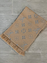 Load image into Gallery viewer, Louis Vuitton Logomania Camel Wool Silk Shine Scarf