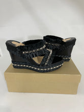Load image into Gallery viewer, Christian Louboutin Black Leather & Raffia Voltinoudou Spike Wedge Sandals