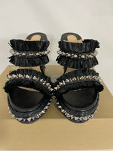 Load image into Gallery viewer, Christian Louboutin Black Leather & Raffia Voltinoudou Spike Wedge Sandals