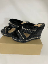 Load image into Gallery viewer, Christian Louboutin Black Leather & Raffia Voltinoudou Spike Wedge Sandals