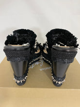 Load image into Gallery viewer, Christian Louboutin Black Leather & Raffia Voltinoudou Spike Wedge Sandals