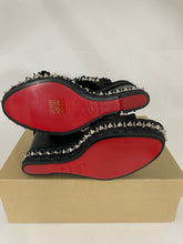 Load image into Gallery viewer, Christian Louboutin Black Leather & Raffia Voltinoudou Spike Wedge Sandals