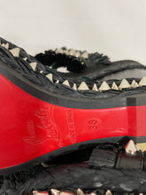 Load image into Gallery viewer, Christian Louboutin Black Leather & Raffia Voltinoudou Spike Wedge Sandals