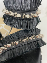 Load image into Gallery viewer, Christian Louboutin Black Leather & Raffia Voltinoudou Spike Wedge Sandals