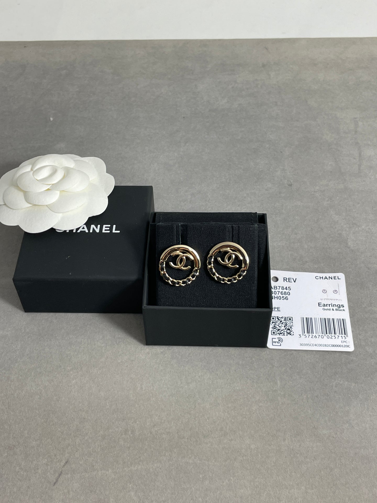 Chanel CC Gold Tone Circle Leather Chain  Earrings