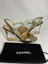 Load image into Gallery viewer, Chanel Crackled Gold Leather CC Pearl Heel Sandals
