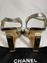 Load image into Gallery viewer, Chanel Crackled Gold Leather CC Pearl Heel Sandals
