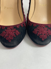 Load image into Gallery viewer, Christian Louboutin Black Suede With Burgundy Embellishment Pumps