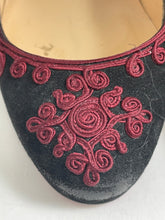 Load image into Gallery viewer, Christian Louboutin Black Suede With Burgundy Embellishment Pumps