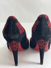 Load image into Gallery viewer, Christian Louboutin Black Suede With Burgundy Embellishment Pumps