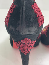 Load image into Gallery viewer, Christian Louboutin Black Suede With Burgundy Embellishment Pumps