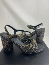 Load image into Gallery viewer, Chanel 17P Black Gold Python Chain Sandals