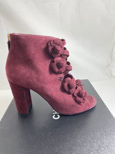 Load image into Gallery viewer, Chanel 17A Burgundy Suede Peeptoe Camellia Booties