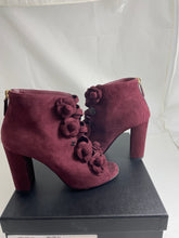 Load image into Gallery viewer, Chanel 17A Burgundy Suede Peeptoe Camellia Booties