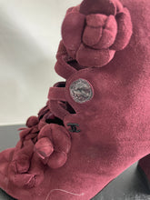 Load image into Gallery viewer, Chanel 17A Burgundy Suede Peeptoe Camellia Booties