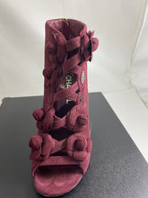 Load image into Gallery viewer, Chanel 17A Burgundy Suede Peeptoe Camellia Booties