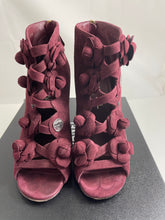 Load image into Gallery viewer, Chanel 17A Burgundy Suede Peeptoe Camellia Booties