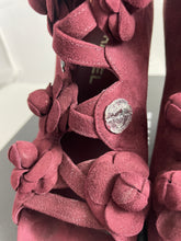 Load image into Gallery viewer, Chanel 17A Burgundy Suede Peeptoe Camellia Booties
